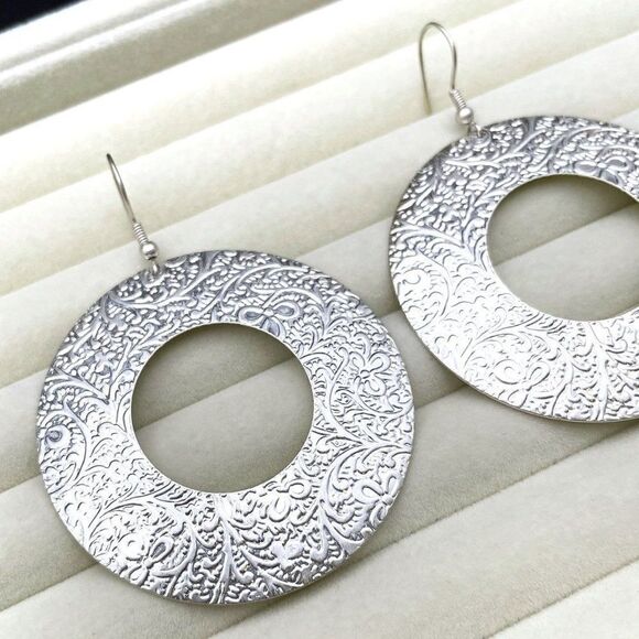 Silver Cut Out Round Floral Embossed Textured Open Hoop Dangling Hook Earrings - Picture 6 of 8